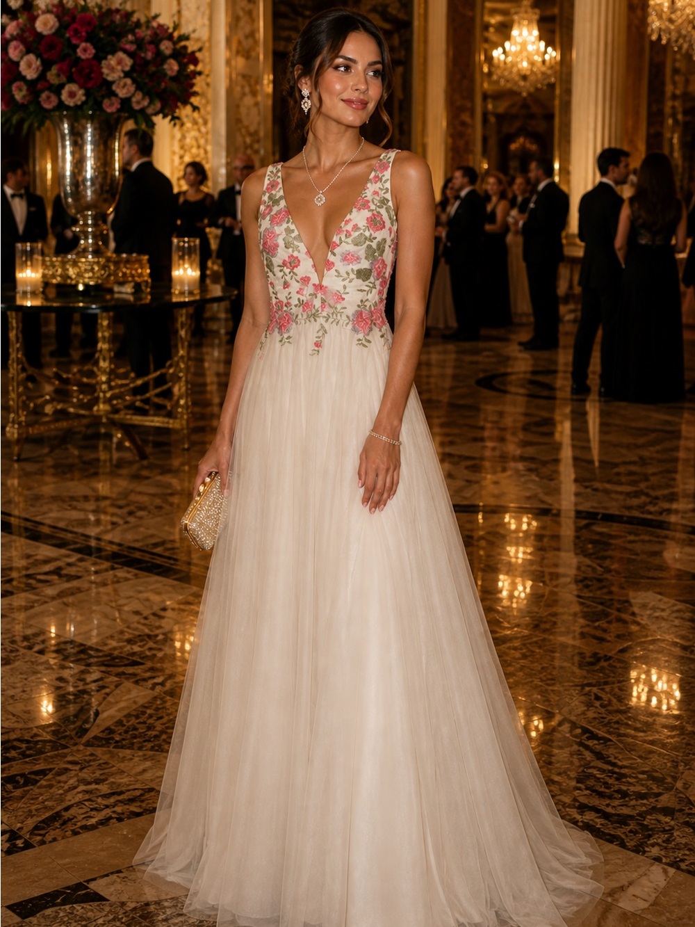 Prom Dress Elegant Floral Embroidered Tulle Maxi Boho Size 9